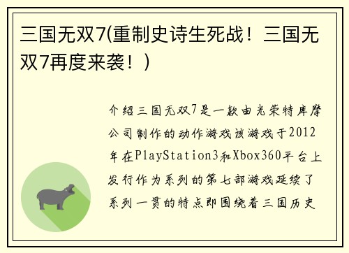 三国无双7(重制史诗生死战！三国无双7再度来袭！)